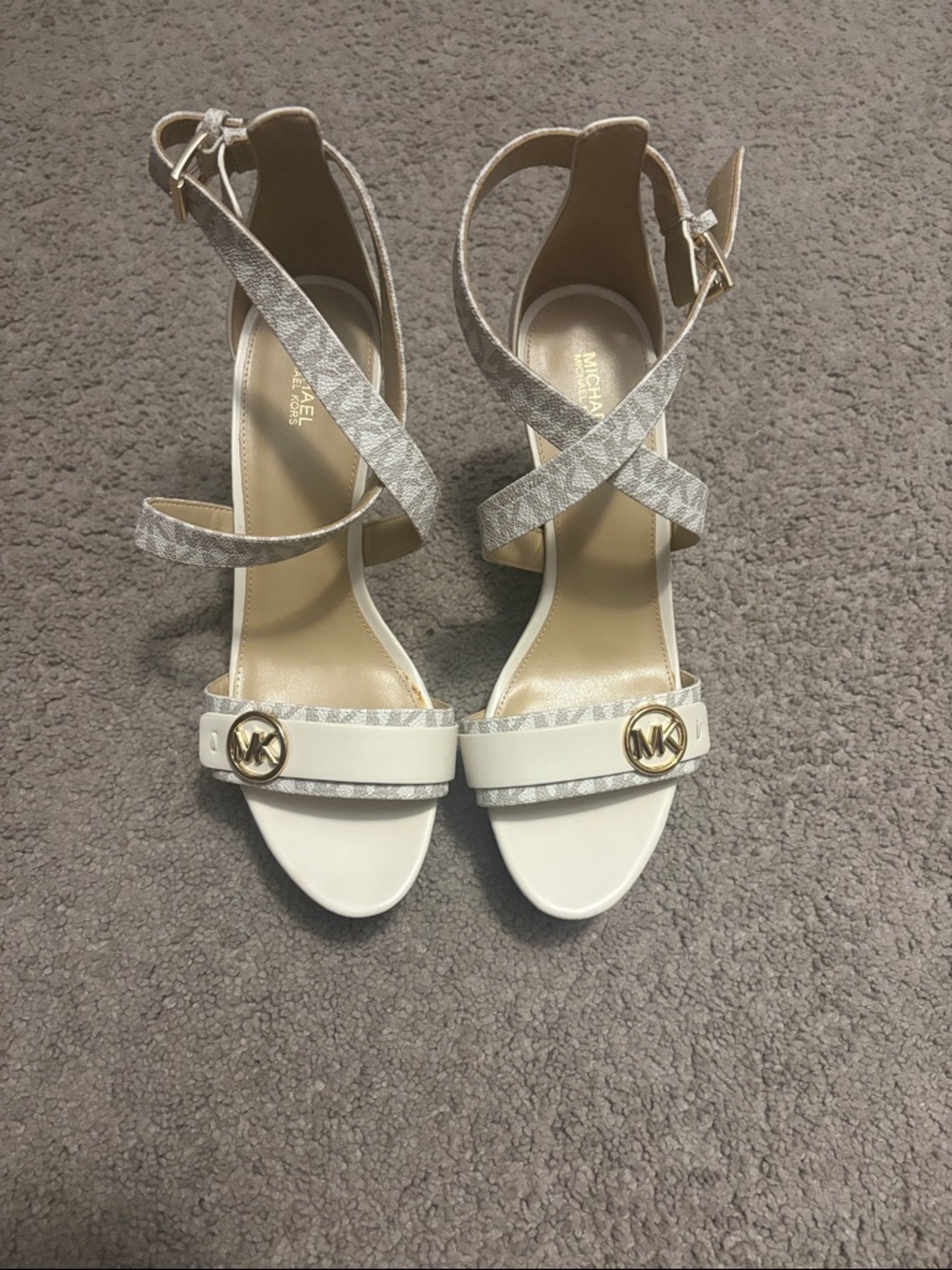 MICHAEL Michael Kors White and Beige Logo Strap Heels